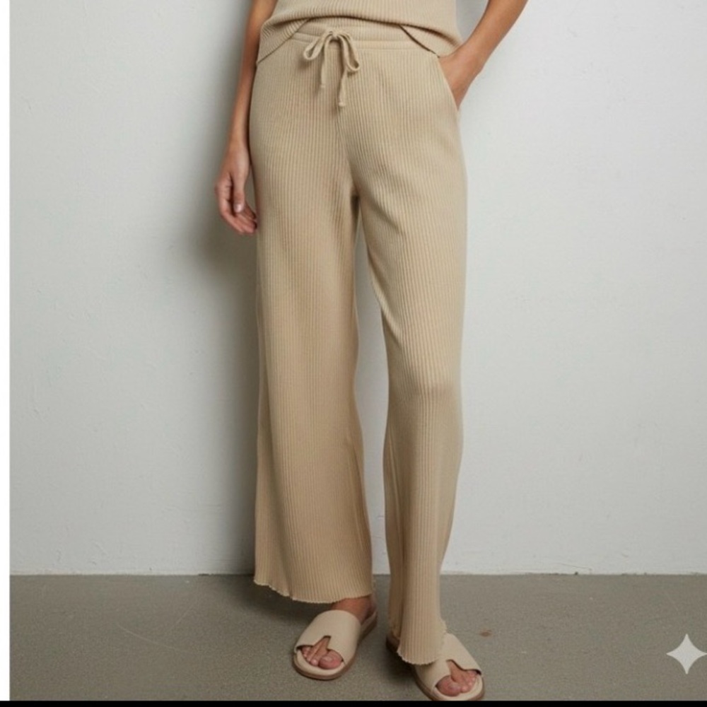 Ribbed Knit Wide Leg Pants Loungewear Beige Women's Large